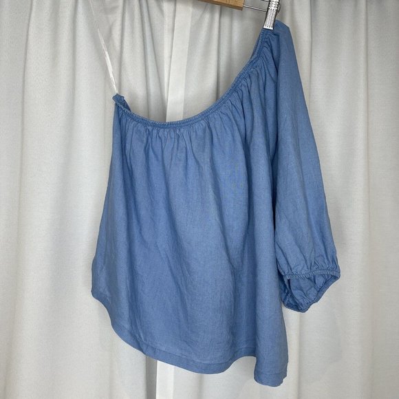 Seed Heritage Blue Linen One Shoulder Blouse Top Size 10 Asymmetric Casual Women - Picture 2 of 16